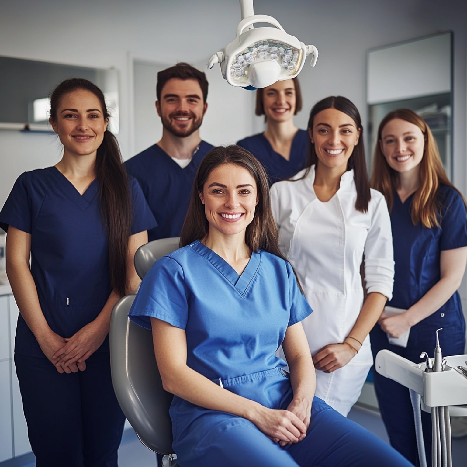 A group of six dental professionals, smiling in a dental clinic, surrounding a chair and equipment, wearing scrubs and uniforms.