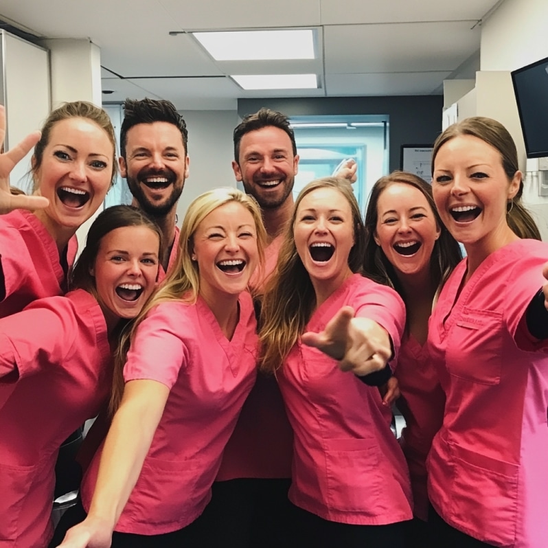A group of smiling people wearing pink scrubs pose enthusiastically in a bright, modern room with a cheerful atmosphere.