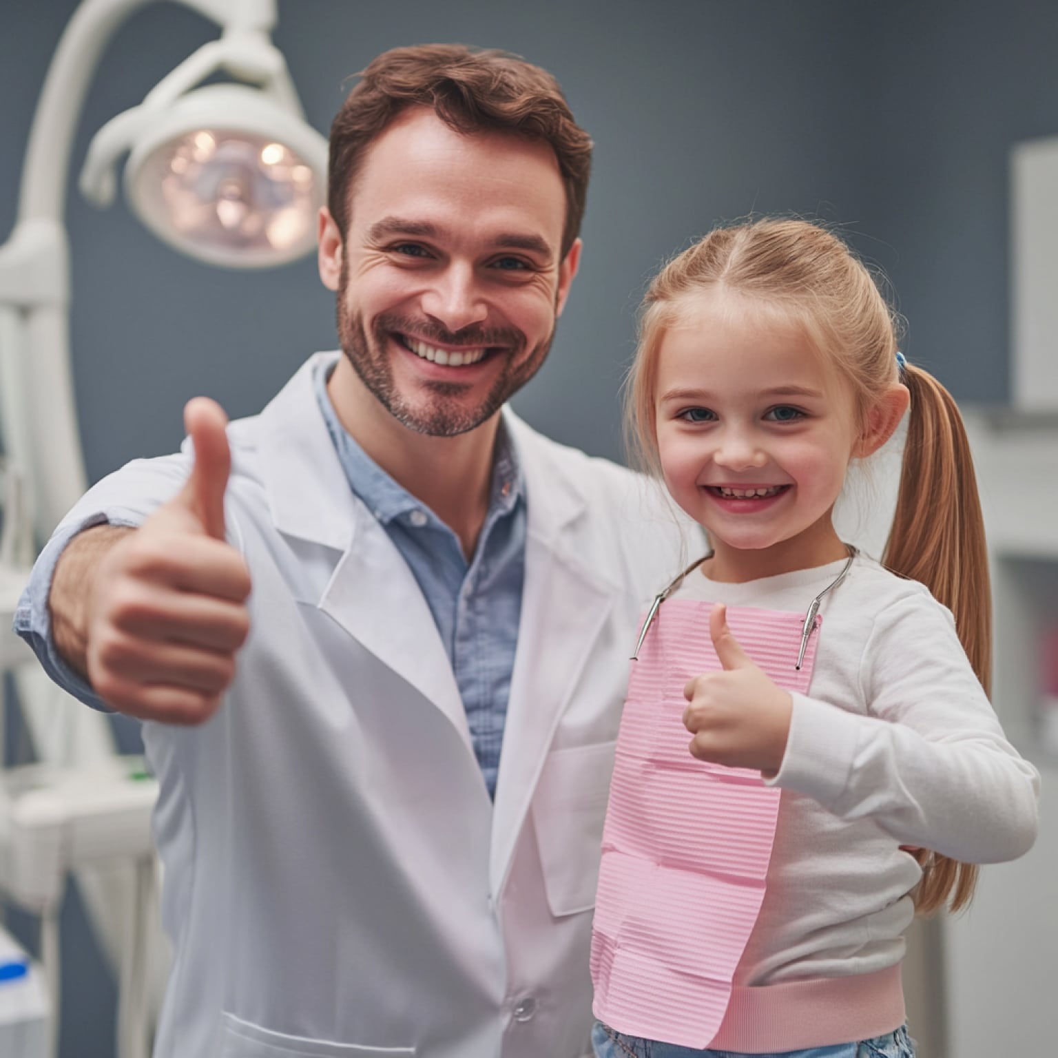 A person in a white coat and a smiling child give thumbs up in a dental office with equipment in the background.