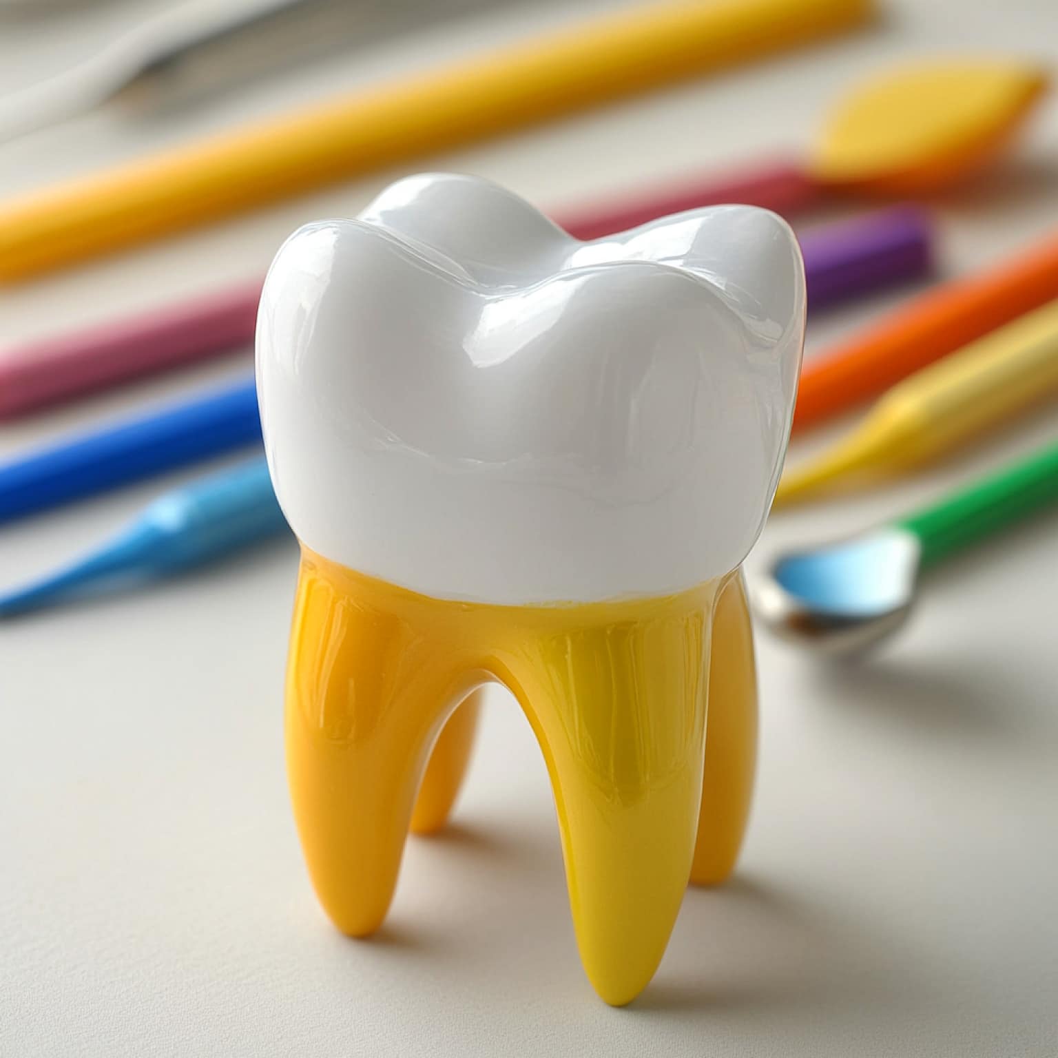 A colorful model of a tooth surrounded by various dental tools on a white surface, showcasing dental health and care.