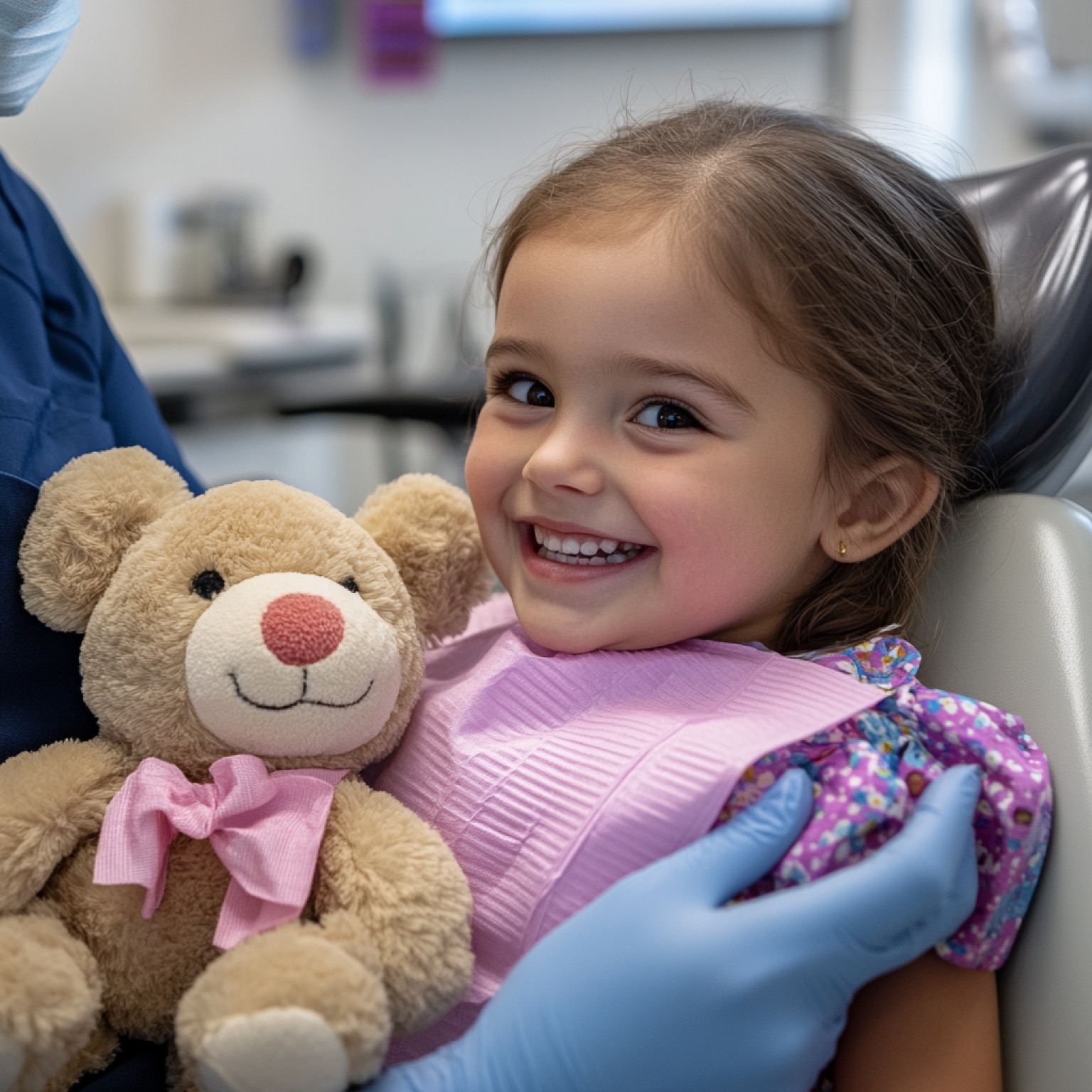 A smiling child holds a teddy bear in a dental chair. A person wearing gloves is present, suggesting a dental check-up.